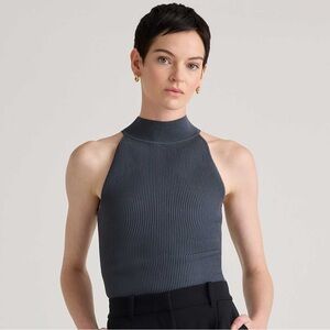 NWOT Quince • Black Cropped High Neck Ribbed Knit Tank